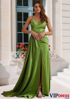 Elegant Satin V-Neck Ruched Prom Dress with Side Split – Floor Length Evening Gown