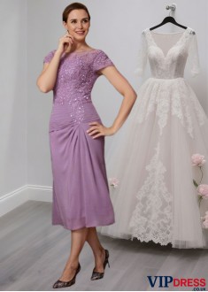 Tea-Length Mother of the Bride Dress with Applique and Scoop Neck