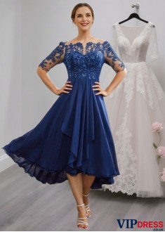 Tea-Length Mother of the Bride Dress with Applique and Half Sleeves