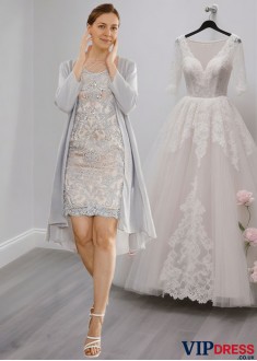 Short 3/4 Sleeves Mother of the Bride Outfit with Jacket and Appliques