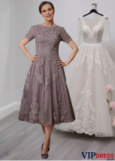 Tea-Length Chiffon Lace Mother of the Bride Dress with Short Sleeves