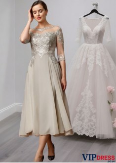 Tea-Length Lace Mother of the Bride Dress with 3/4 Sleeves