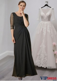 Chiffon Mother of the Bride Dress with Scoop Neck and 3/4 Sleeves