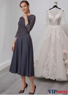 Lace Tea-Length Mother of the Bride Dresses with 3/4 Sleeves