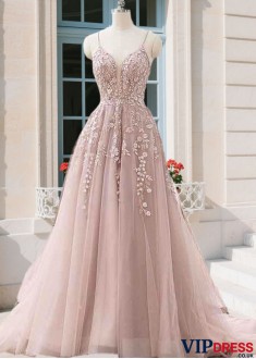 Elegant A-Line V-Neck Tulle Prom Dress with Pockets and Sweep Train Gown UK