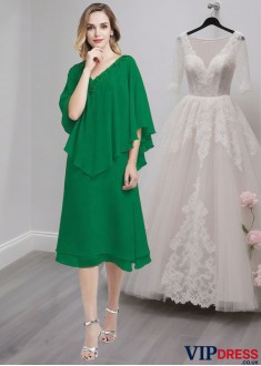 Tea-Length Chiffon V-Neck A-Line Mother of the Bride Dress with Beading