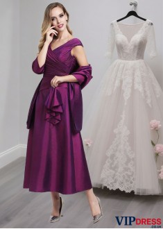 Tea-Length V-Neck A-Line Taffeta Mother of the Bride Dress with Beading