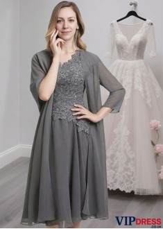 A-Line Chiffon Mother of the Bride Dress with V Neck, Short Sleeves & Jacket
