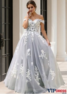 A-Line Off Shoulder Tulle Bridal Gown with Beading