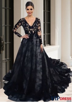 Long Sleeve Lace Appliques V Neck Bridal Gown Chapel Train