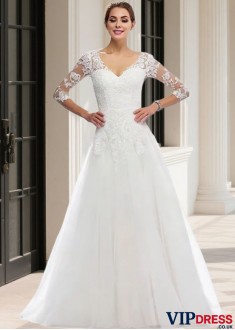 V Neck Lace A-Line Wedding Dress with 3/4 Sleeves