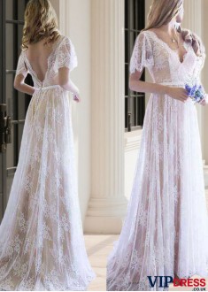 V-Neck Lace Sheath Bridal Gown with Short Sleeves