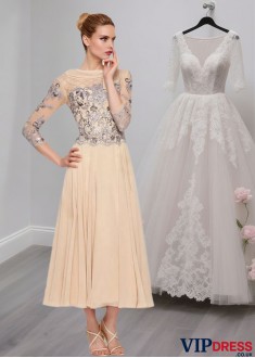 Chiffon Tea-Length Mother of the Bride Dress with Lace and 3/4 Sleeves