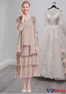 Tea-Length Chiffon Mother of the Bride Dress with Jacket and Appliqued Ruffles