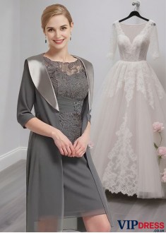 Half Sleeve Knee-Length Mother of the Bride Dress with Applique and Jacket
