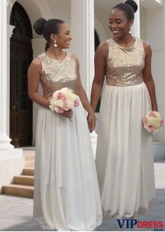Sleeveless A Line Scoop Neck Sequined Chiffon Bridesmaid Dress In UK